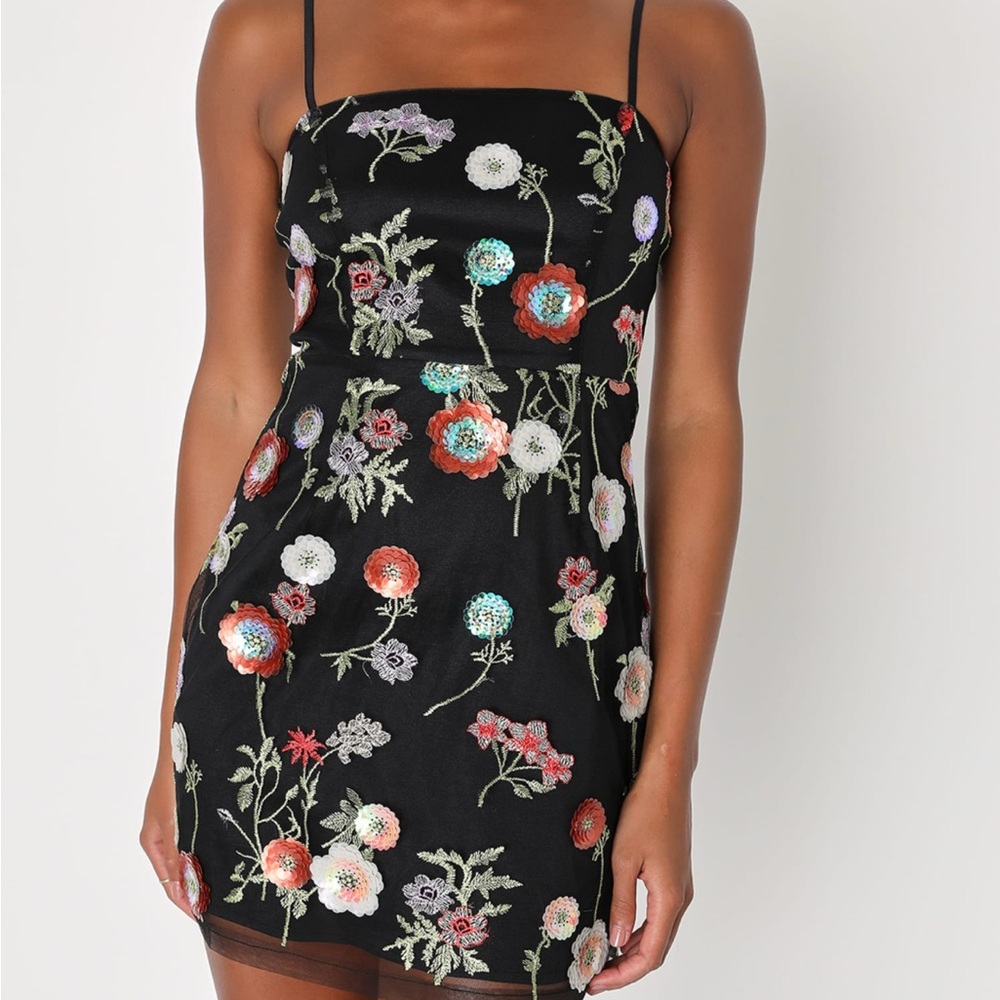 Lulu's Floral Embroidered Black Mini Dress